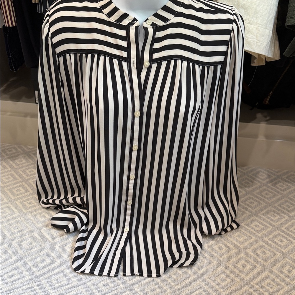 LOFT Black and White Vertical Stripe Button-Down Blouse